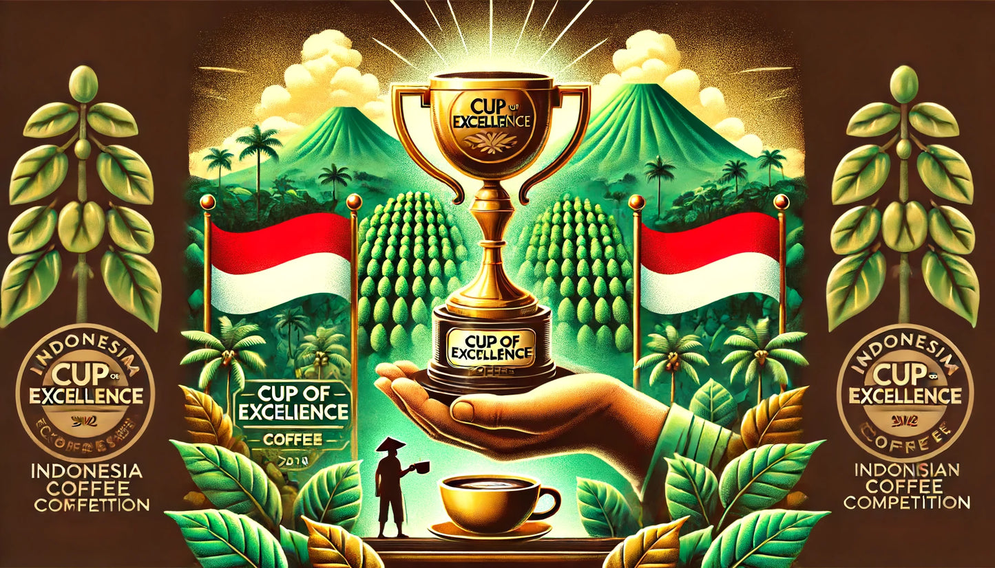 Illustrated Cup of Excellence trophy held above an Indonesian coffee plantation, flanked by Indonesian flags and coffee branches
