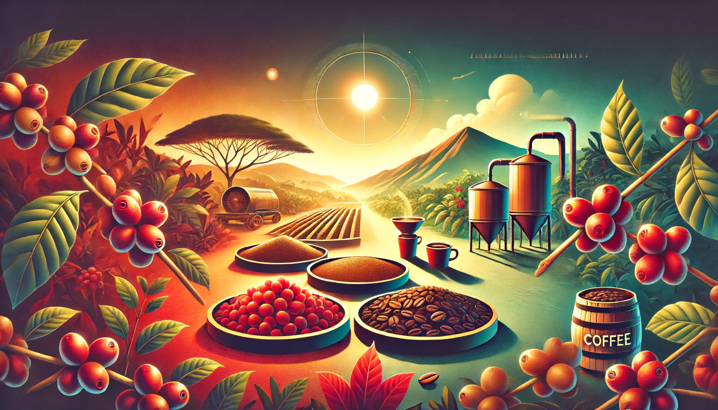 Illustration of coffee's journey from cherry to cup: a farm at sunrise, bowls of ripe cherries, ground coffee and roasted beans, and fermentation tanks