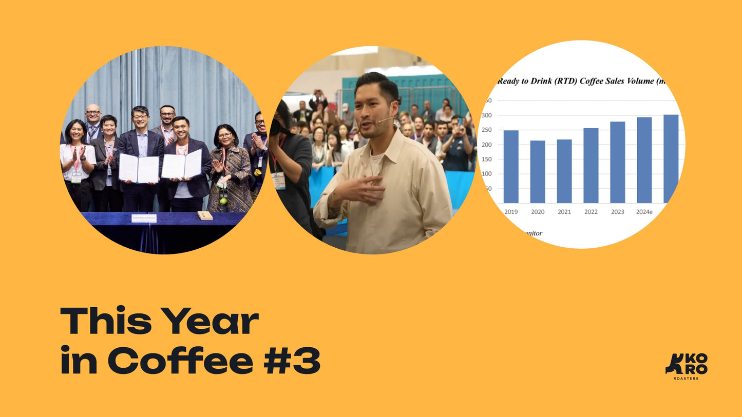 This Year in Coffee #3: a signing ceremony, a speaker addressing an audience, and a bar chart of ready-to-drink coffee sales volume from 2019 to 2024