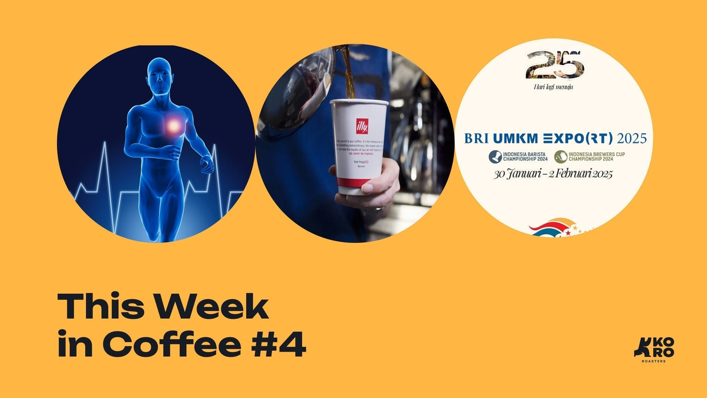 This Week in Coffee #4: an anatomical figure with the heart highlighted, coffee being poured into a cup, and a poster for the 2025 Indonesia Barista and Brewers Cup Championship