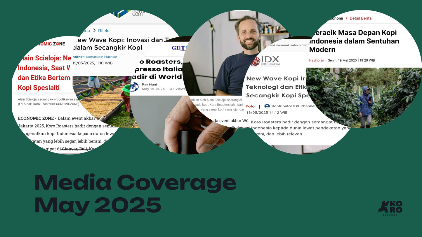 Screenshots of Indonesian press coverage of Koro Roasters from May 2025, alongside a portrait of founder Alain Scialoja