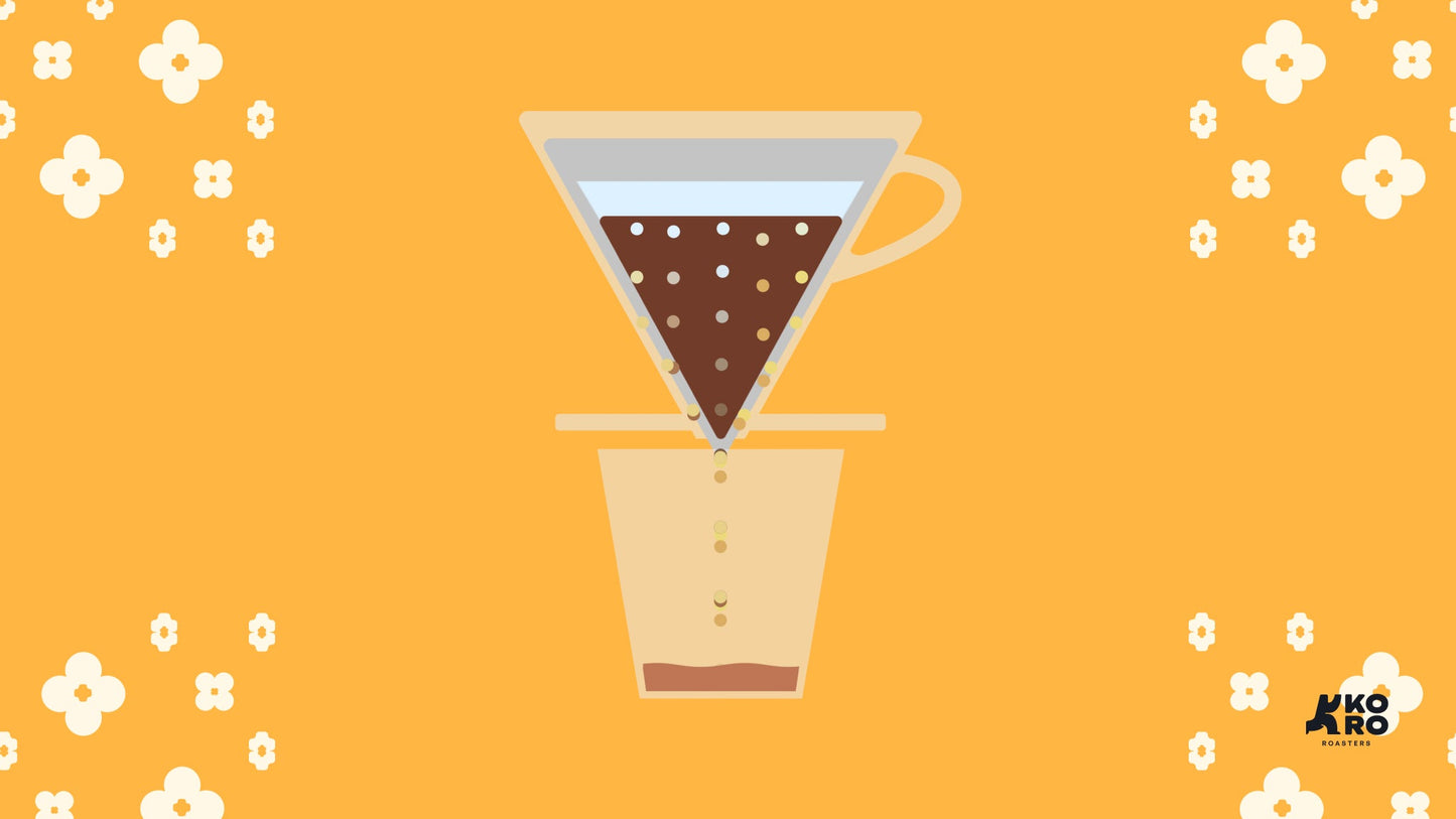 Flat illustration of a pour-over dripper filtering coffee into a glass